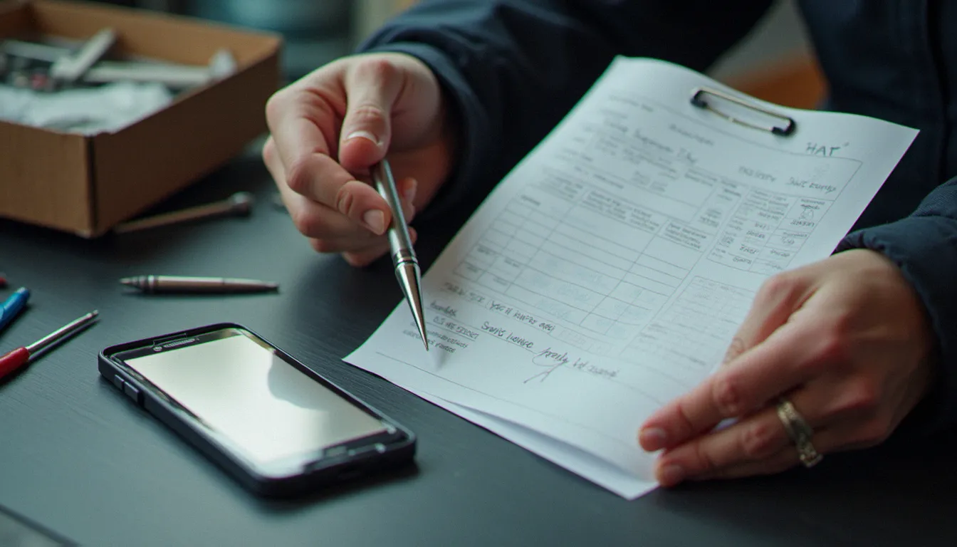 Comptoir d'atelier avec un smartphone ouvert, une batterie neuve et des outils pour estimer le coût d'une réparation