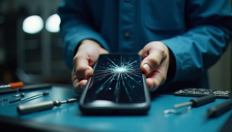Technicien tenant un smartphone à l'écran fissuré sur un établi, illustrant la réparation des mobiles