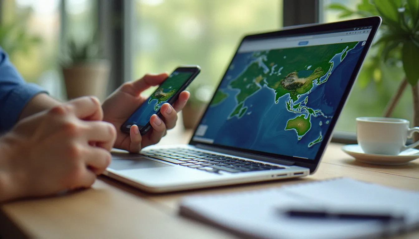 Mains comparant une carte de couverture réseau sur un ordinateur portable et un smartphone pour choisir un forfait