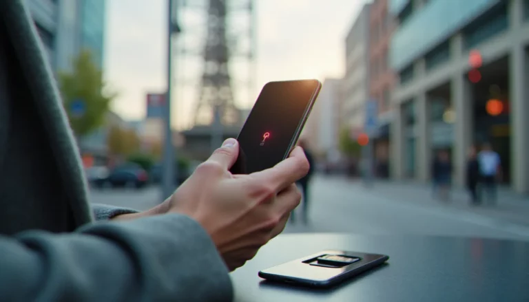 Personne tenant un smartphone dans une rue, avec une antenne relais en arrière-plan, illustrant le choix d'un FAI mobile