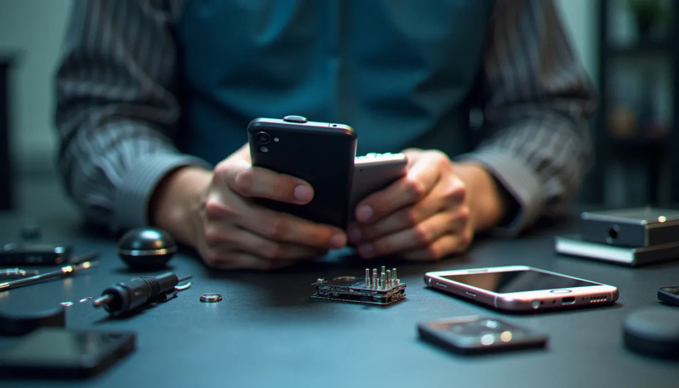 Technicienne tenant un ancien gsm portable à côté d'un smartphone récent sur un établi d'atelier de réparation