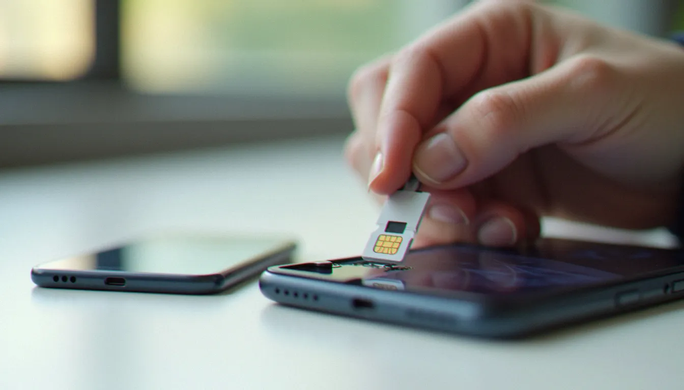 Mains retirant une carte SIM du tiroir d'un smartphone pour la tester dans un autre téléphone