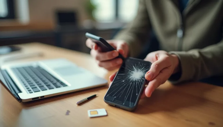 Une personne tenant un smartphone à l'écran fissuré et une carte SIM, illustrant le diagnostic d'un problème avec la postale mobile