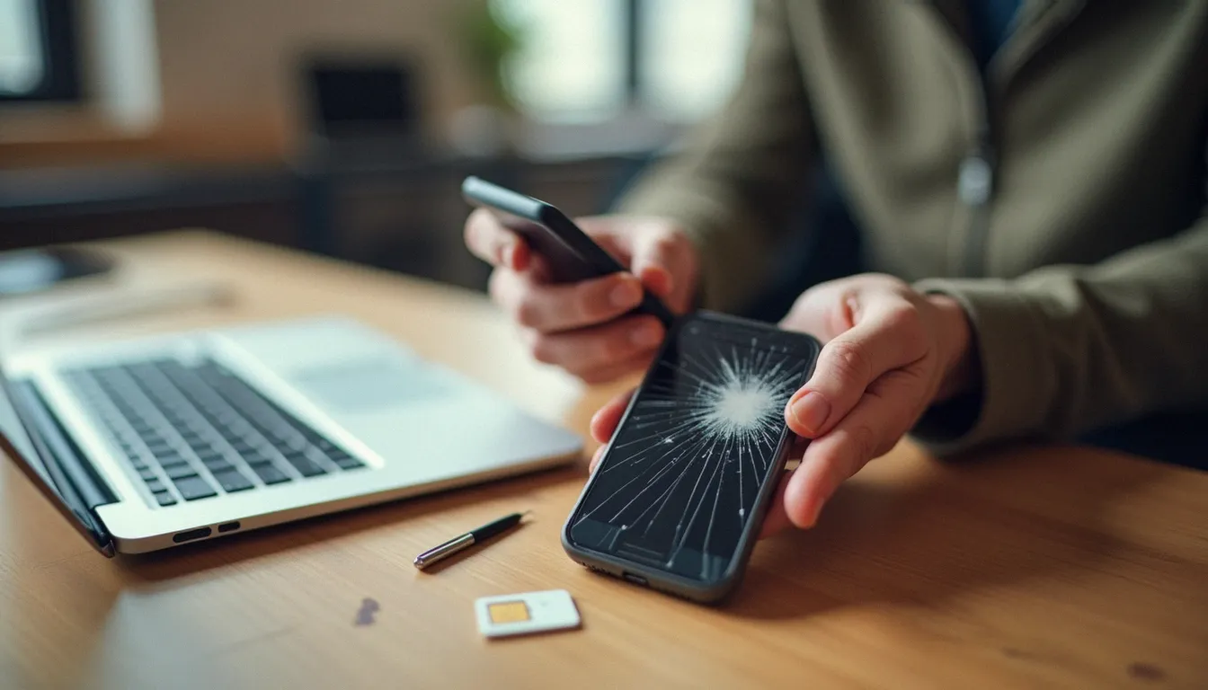 Une personne tenant un smartphone à l'écran fissuré et une carte SIM, illustrant le diagnostic d'un problème avec la postale mobile
