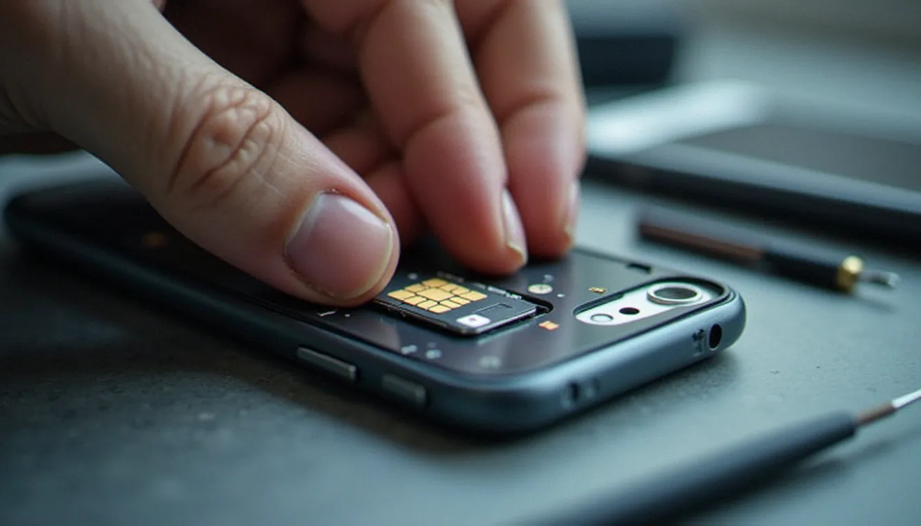 Mains insérant une carte SIM dans le tiroir d'un smartphone pour tester le réseau et la ligne