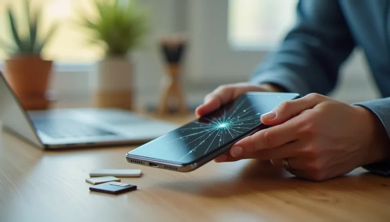 Smartphone à l'écran fissuré posé près d'une carte SIM, illustrant un diagnostic de panne pour un abonné laposte mobile