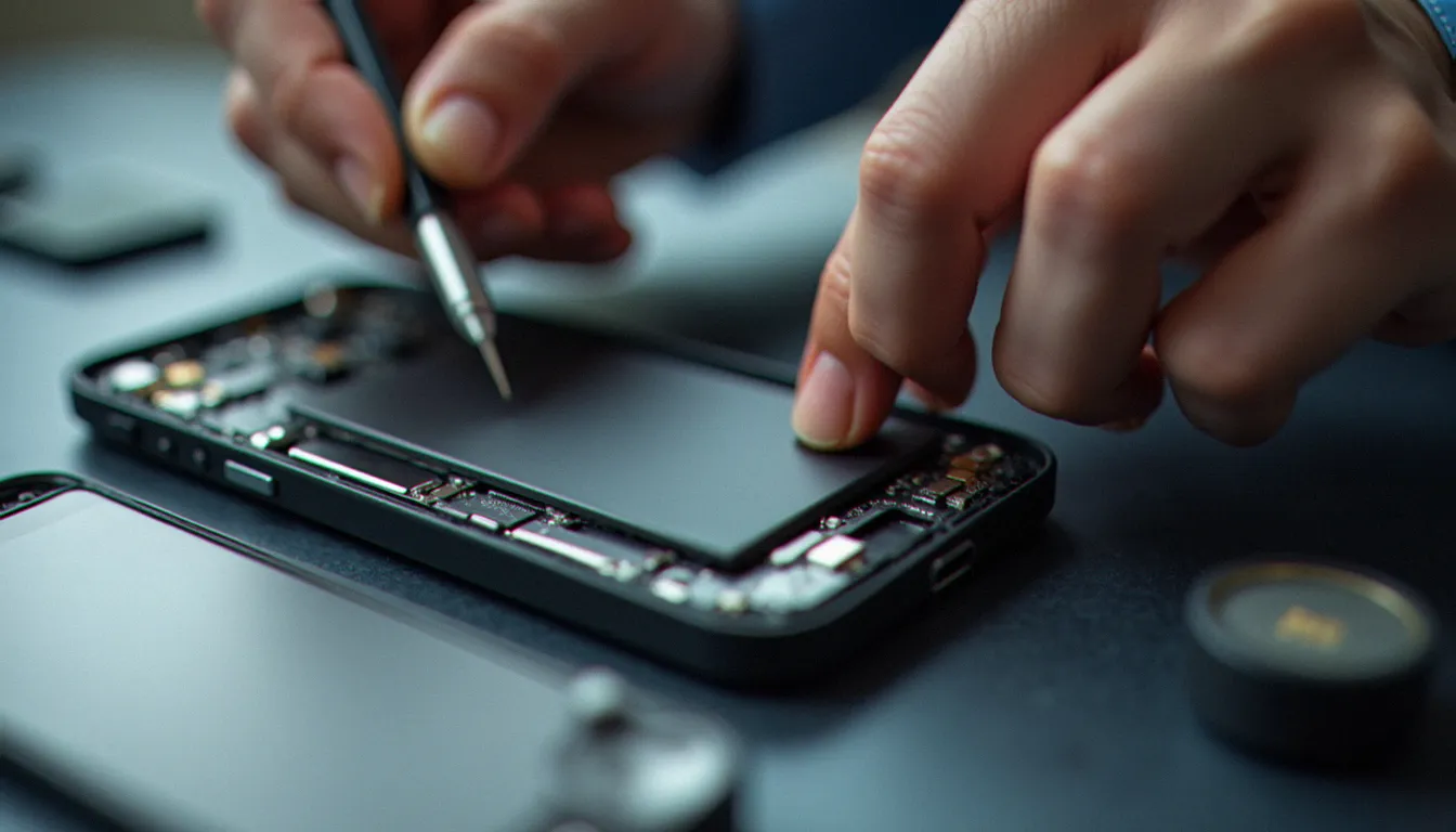 Remplacement de batterie de smartphone par un technicien avec des outils de précision
