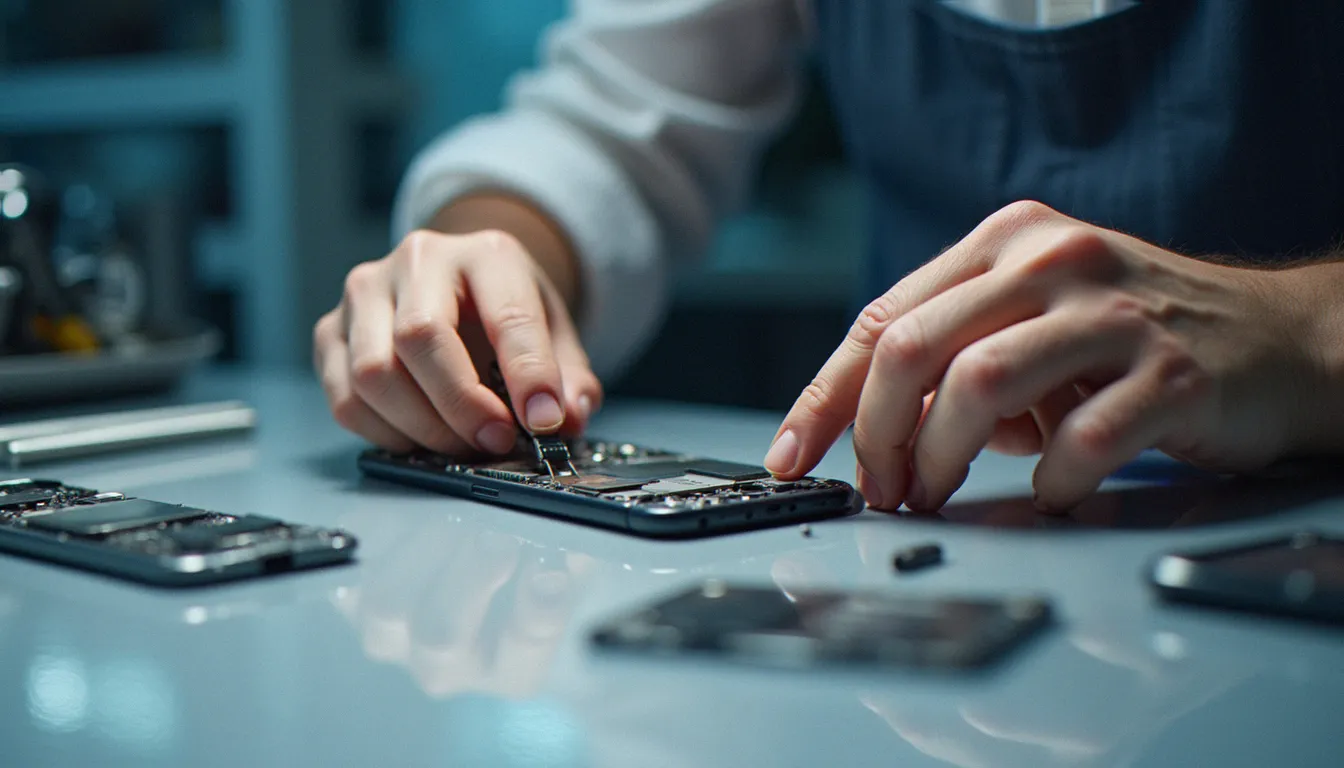 Technicien travaillant sur la réparation d'un smartphone dans un poste mobile équipé d'outils de précision