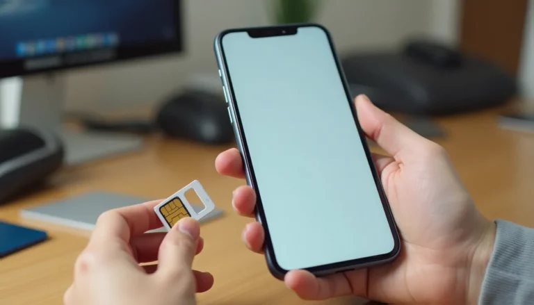 Smartphone posé sur un bureau à côté d'une carte nano-SIM et de son tiroir, illustrant le choix d'un reglo mobile forfait
