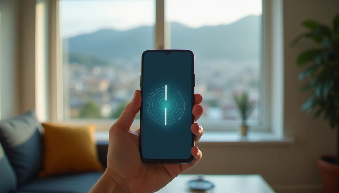 Smartphone affichant un signal réseau faible près d'une fenêtre pour tester la couverture mobile à domicile
