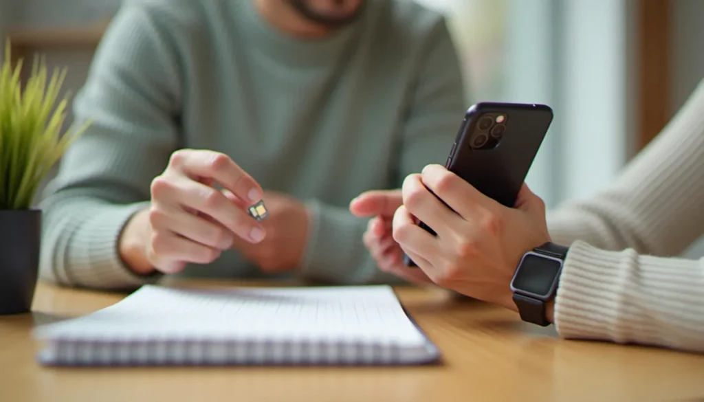 Personne tenant un smartphone et une carte SIM sur une table, pour comprendre un sosh forfait mobile avant de souscrire