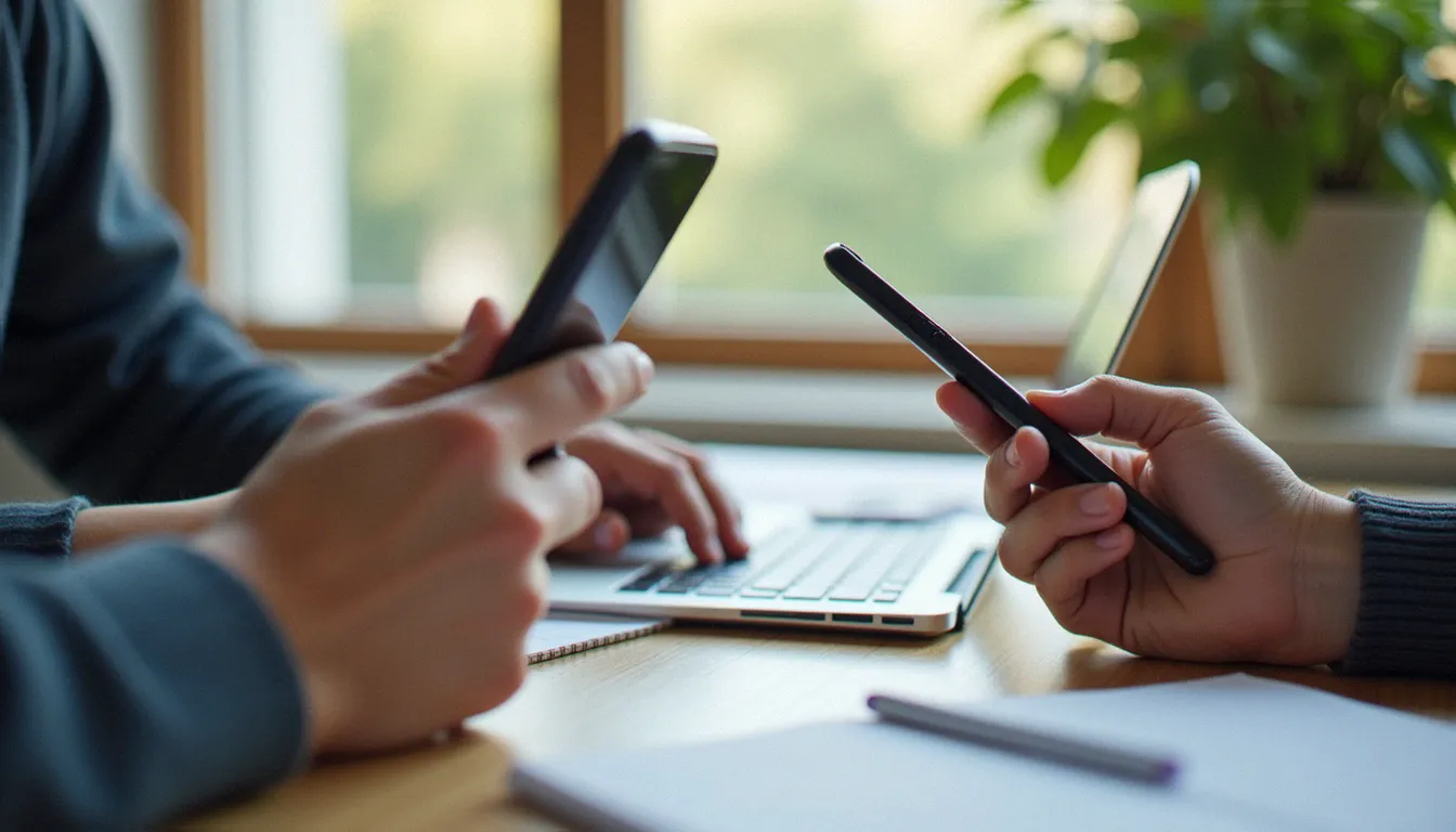Comparaison de prix d'un téléphone en solde entre un ordinateur portable, un smartphone et un carnet de notes