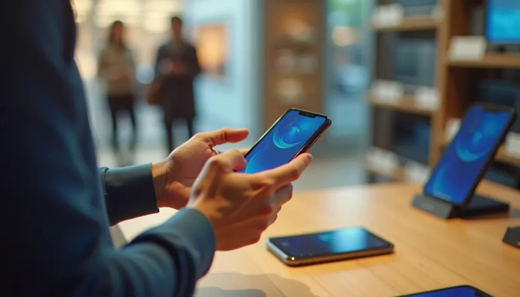 Une personne compare plusieurs smartphones sur un comptoir en magasin pour choisir un téléphone en solde