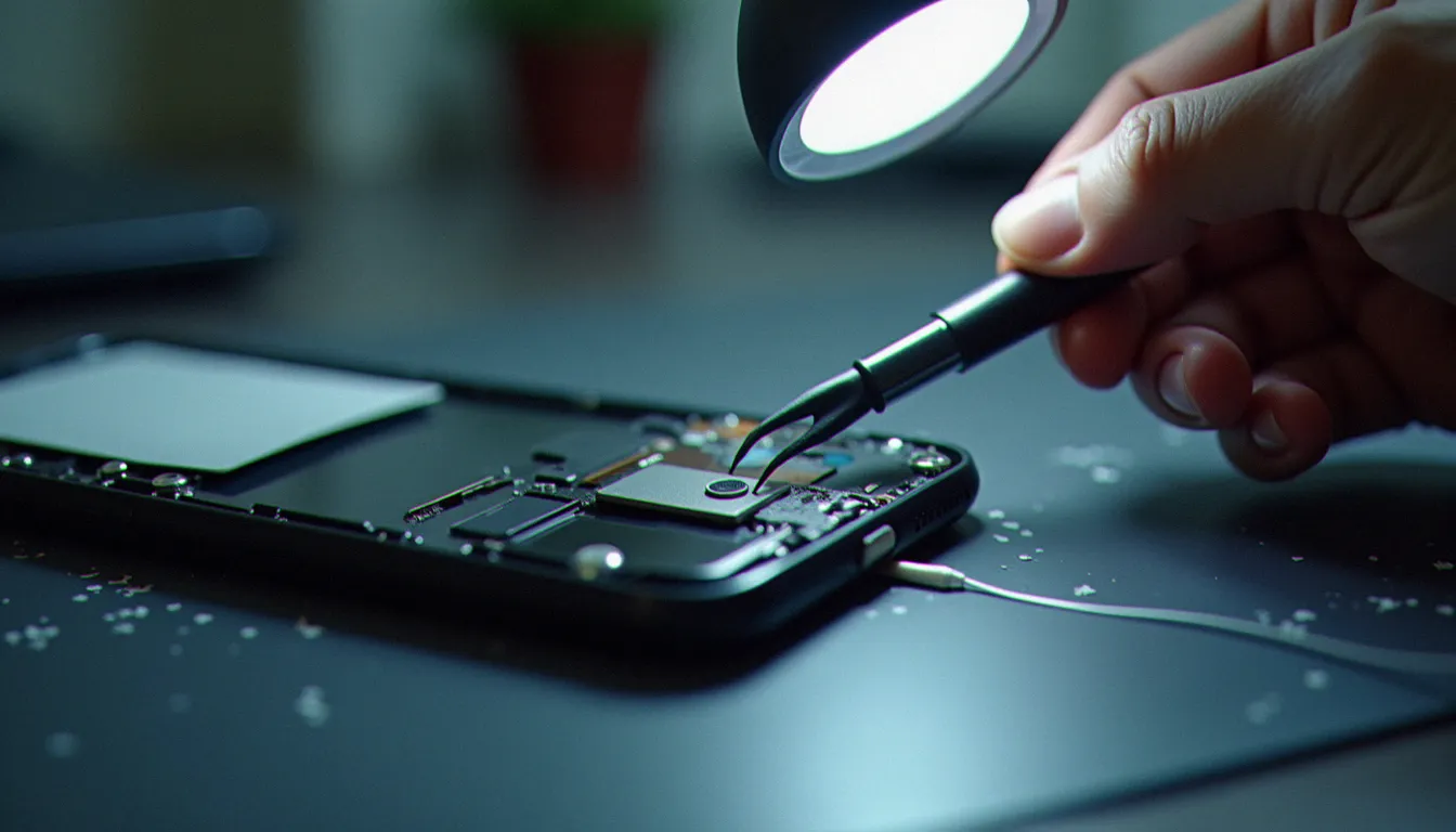 Inspection du port de charge d'un téléphone smartphone ouvert sous une lampe loupe lors d'un diagnostic de panne