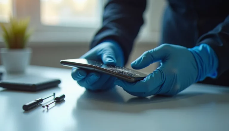Technicien examinant un téléphone smartphone à l'écran fissuré sur un établi de réparation