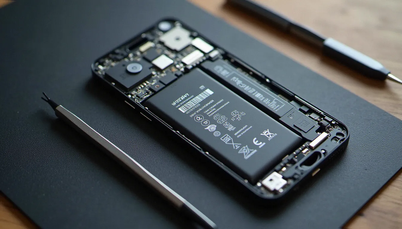 Intérieur d'un mobile ouvert montrant la carte mère, la batterie et la nappe d'écran sur un tapis antistatique