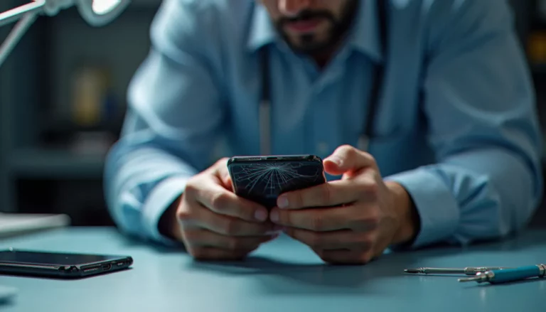 Technicien tenant un mobile à l'écran fissuré sur un établi propre avec des tournevis de précision