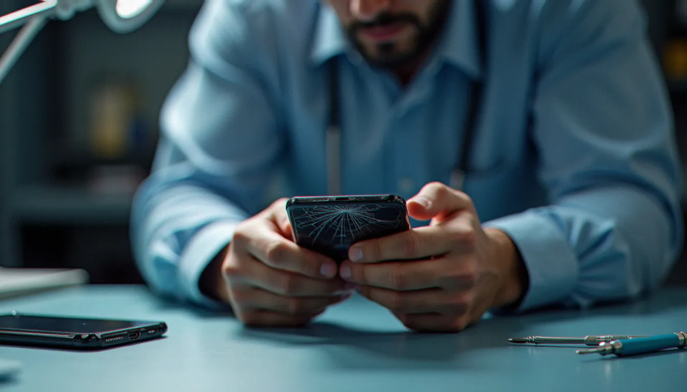 Technicien tenant un mobile à l'écran fissuré sur un établi propre avec des tournevis de précision