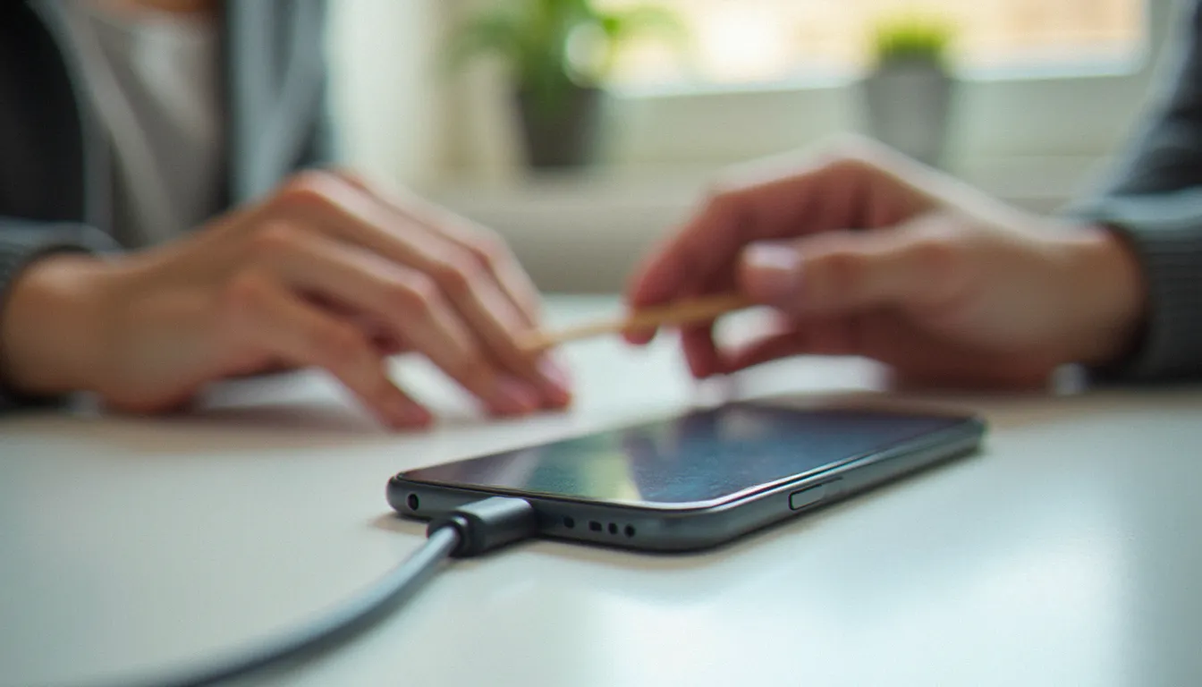 Nettoyage du port de charge d'un téléphone avec un cure-dent en bois pour un premier diagnostic